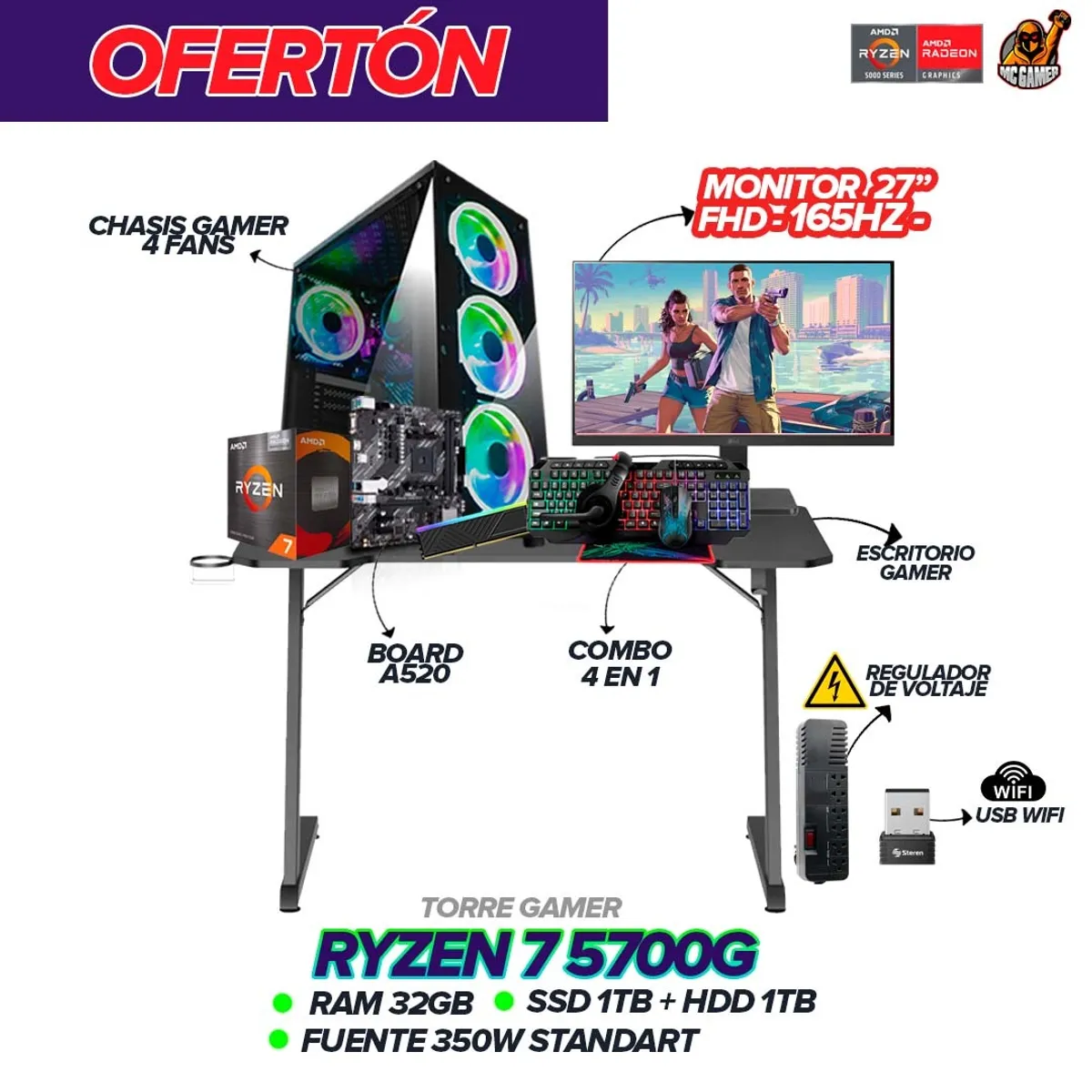 AMD - PC Gamer Ryzen 7 5700G / 32GB Ram / 2TB SSD / Monitor 27” 165Hz + Escritorio