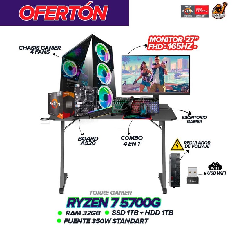 AMD - PC Gamer Ryzen 7 5700G / 32GB Ram / 2TB SSD / Monitor 27” 165Hz + Escritorio