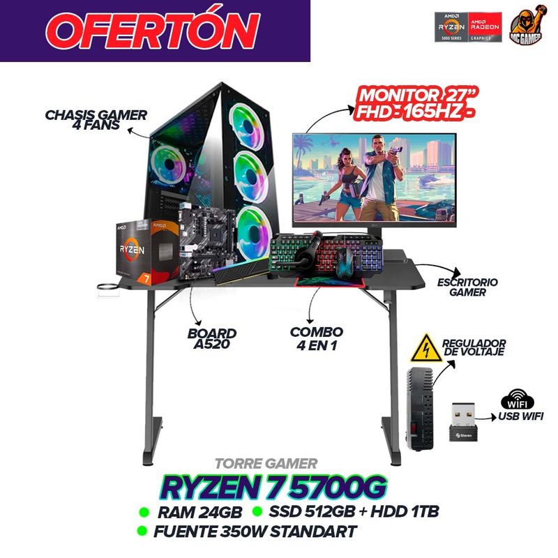 AMD - PC Gamer Ryzen 7 5700G / 24GB Ram / 1.5TB SSD / Monitor 27” 165Hz + Escritorio