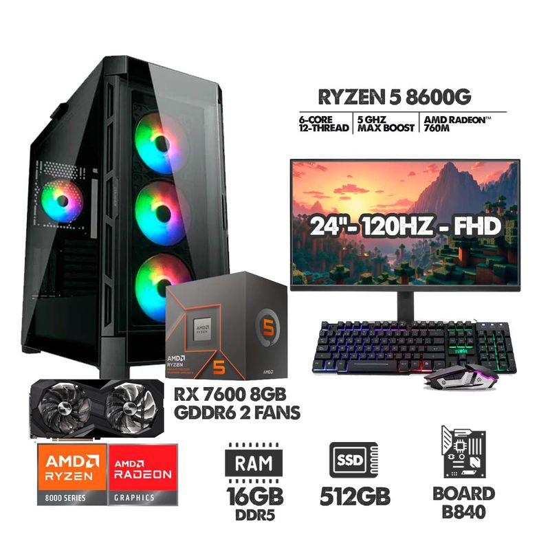 AMD - COMPUTADOR RYZEN 5 8600G - 16GB RAM - SSD 512GB - RX 7600 8GB + MONITOR 24 120HZ