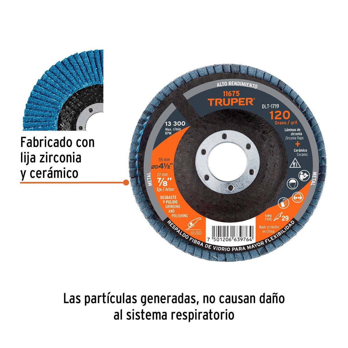 TRUPER - Disco Laminado Flap 412 Truper Fibra Vidrio Grano 120