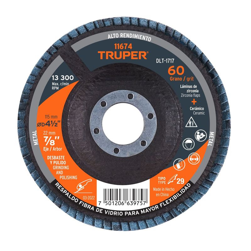 TRUPER - Disco Laminado Flap 412 Truper Fibra Vidrio Grano 60