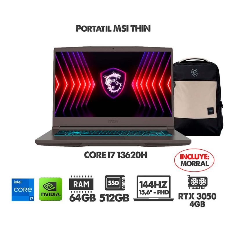 MSI - PORTATIL MSI INTEL I7 13620H + RTX 3050 - 64GB RAM - 512GB M2 - 144HZ FHD + MORRAL INCLUIDO