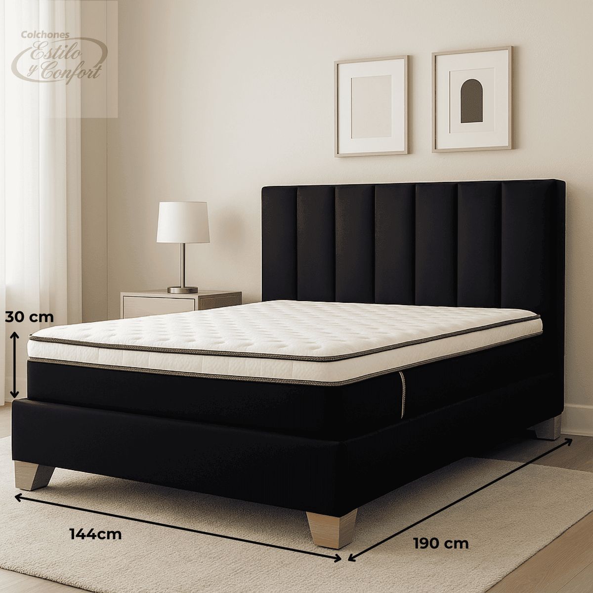 ESTILO Y CONFORT - Base Más Colchón Mas Cabecero Monaco Negro 140X190