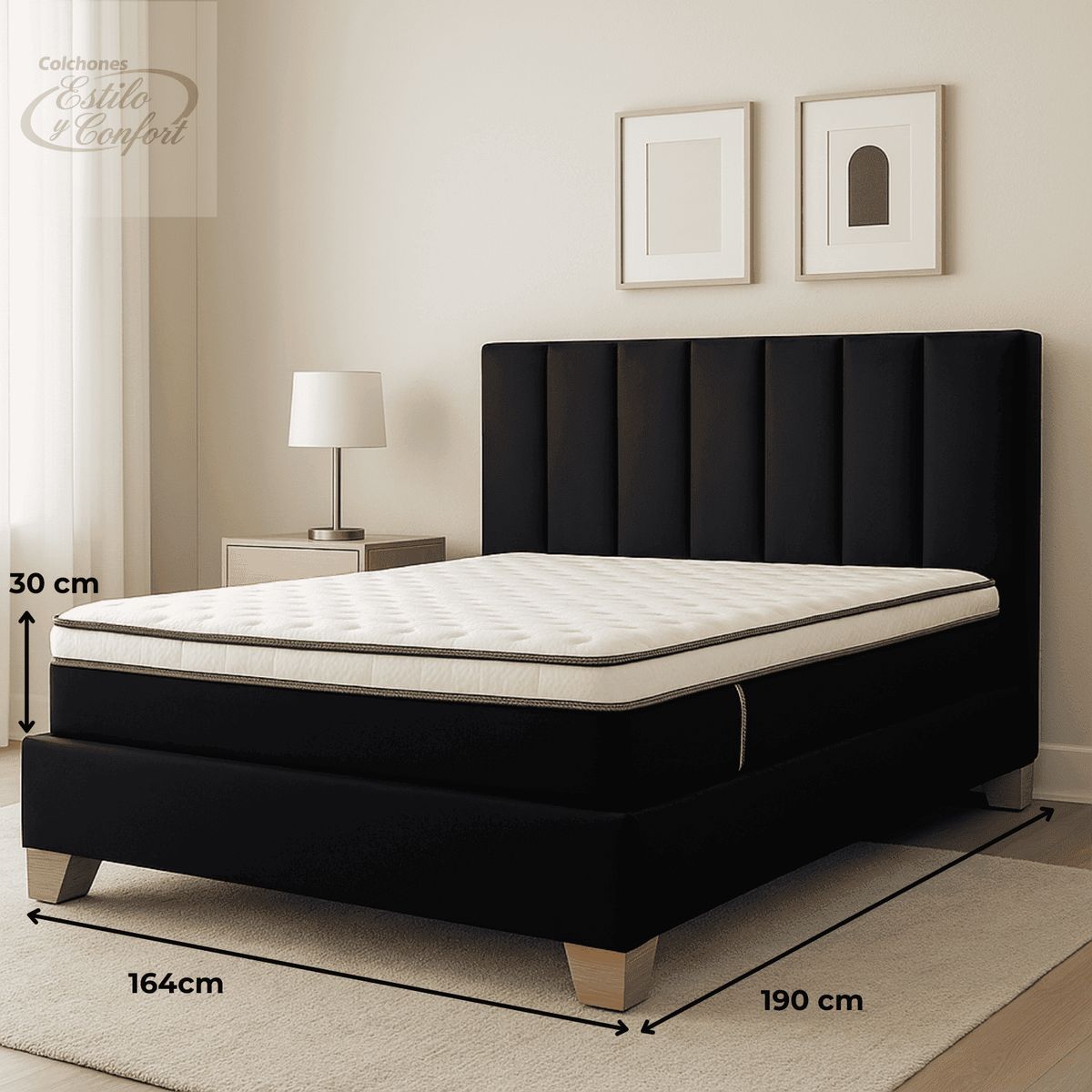 ESTILO Y CONFORT - Base Más Colchón Mas Cabecero Monaco Negro 160X190