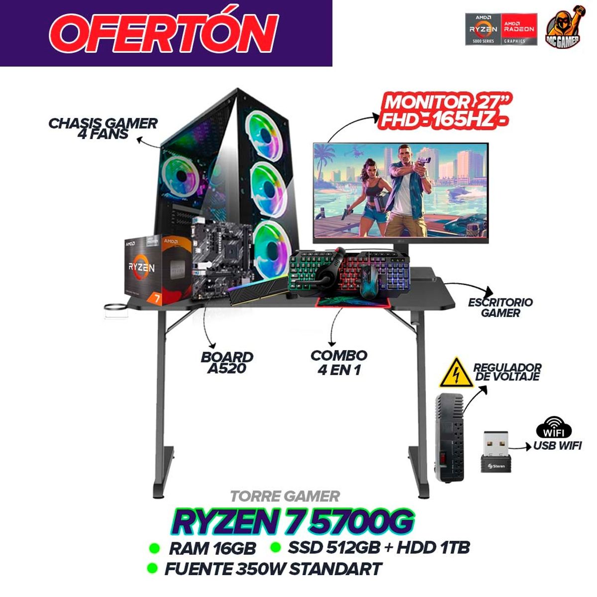 AMD - PC Gamer Ryzen 7 5700G / 16GB Ram / 1.5TB SSD / Monitor 27” 180Hz + Escritorio