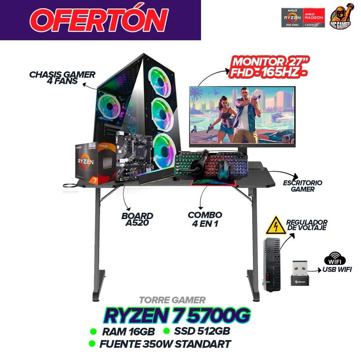 AMD - PC Gamer Ryzen 7 5700G / 16GB Ram / 512GB SSD / Monitor 27” 180Hz + Escritorio