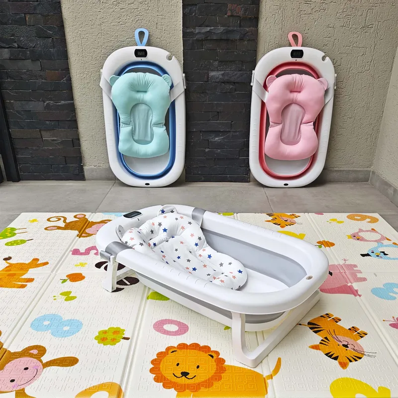 INDUHOGAR - Tina bebe plegable gris con termometro + cojín + obsequio