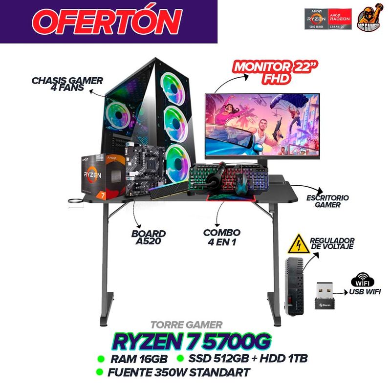AMD - PC Gamer Ryzen 7 5700G / 16GB RAM / 1.5TB SSD / A520 / 350W / Monitor 22" FHD