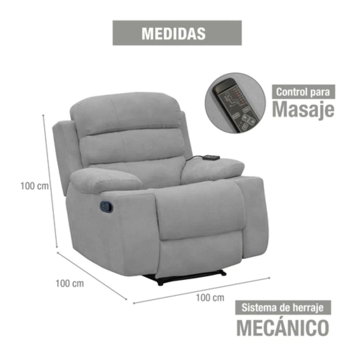 ELITE LIVING - SILLA RECLINABLE HOUSTON ESTATICA MASAJE  TELA COLOR PLATA