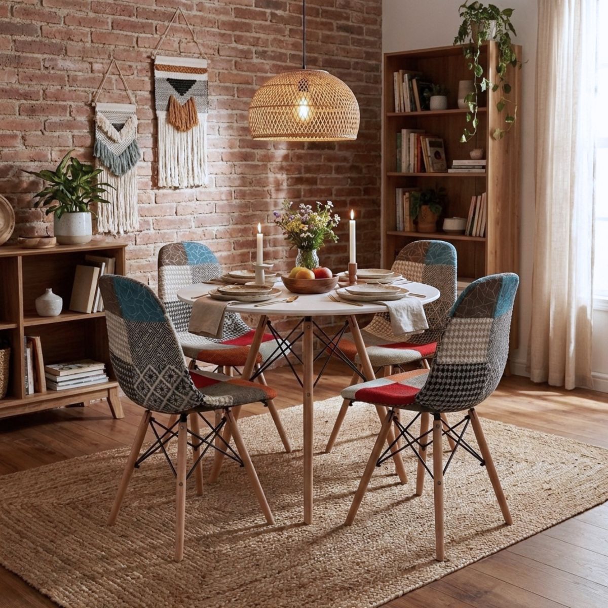 ENTRE NOS HOME - Juego de Comedor Prisma Entre Nos Home: Mesa Redonda Blanca 90cm + 4 Sillas Patchwork Diseño Nórdico