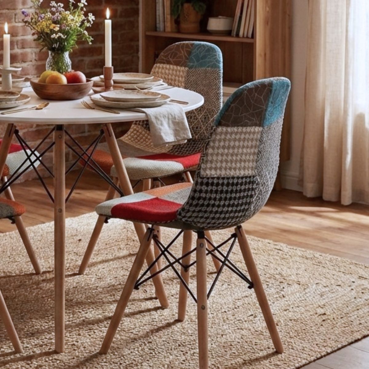 ENTRE NOS HOME - Juego de Comedor Prisma Entre Nos Home: Mesa Redonda Blanca 90cm + 4 Sillas Patchwork Diseño Nórdico