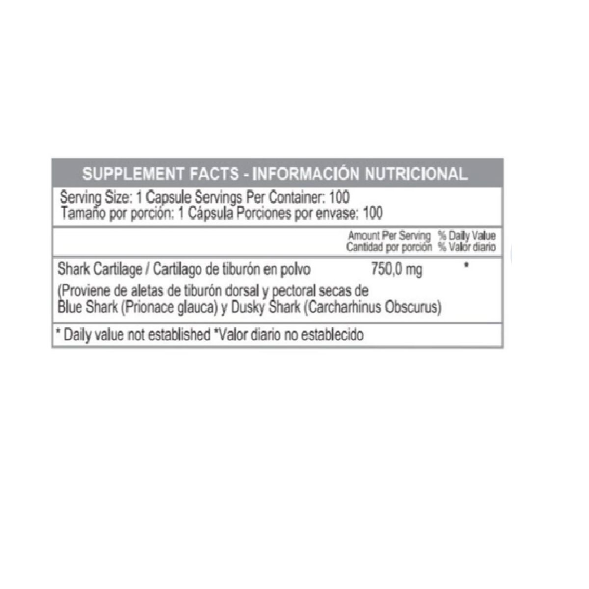 HEALTHY AMERICA - SUPLEMENTO SHARK CARTILAGE 750 MG X 100 CAPSULAS