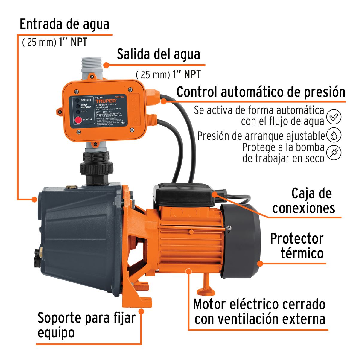 TRUPER - Bomba Presurizadora Agua 12Hp Automática Truper Altura 30M