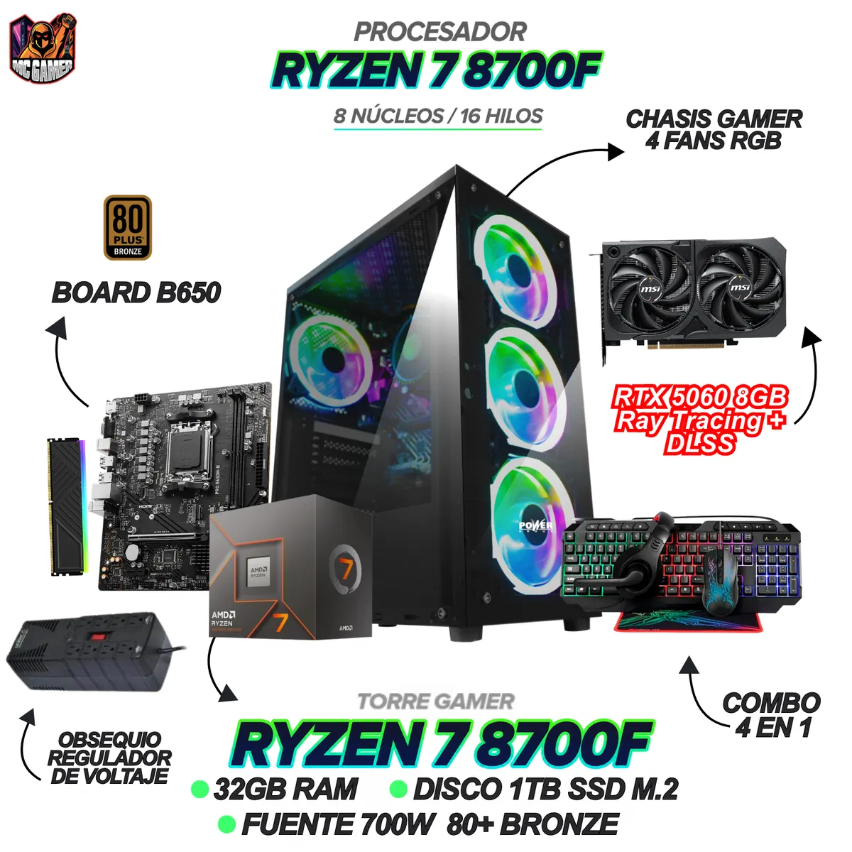 AMD - TORRE GAMER RYZEN 7 8700F - RTX 5060 8GB - RAM 32GB - SSD 1TB - BOARD B650  + COMBO 4 EN 1