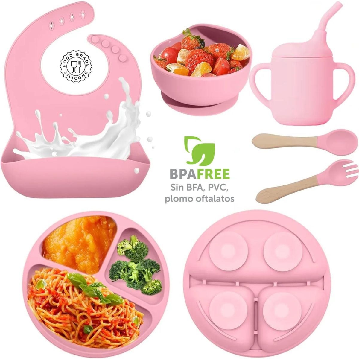 RAKTORS - Kit Alimentación Bebe Bambú Silicona platos a presion