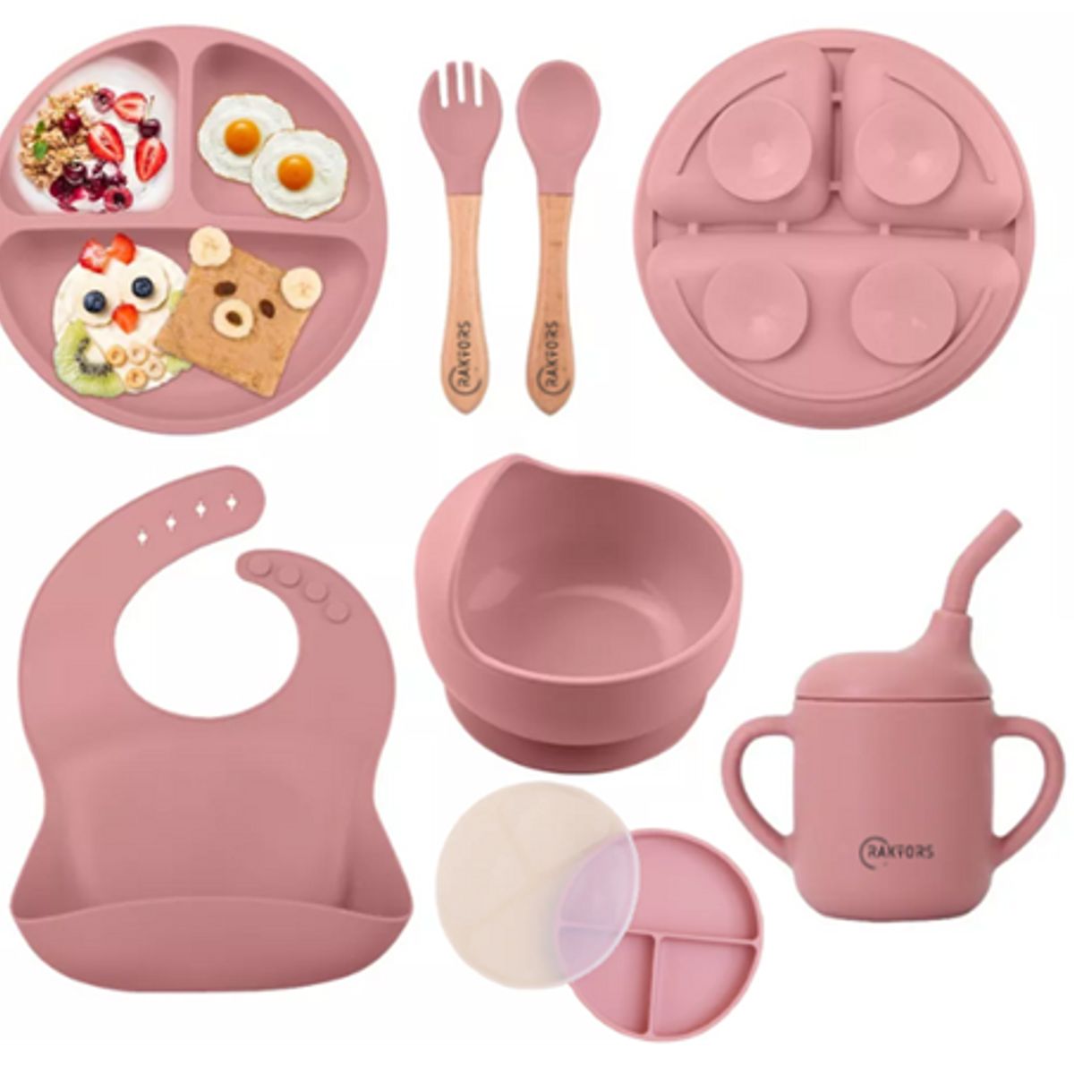 RAKTORS - Kit Alimentación Bebe Bambú Silicona platos a presion