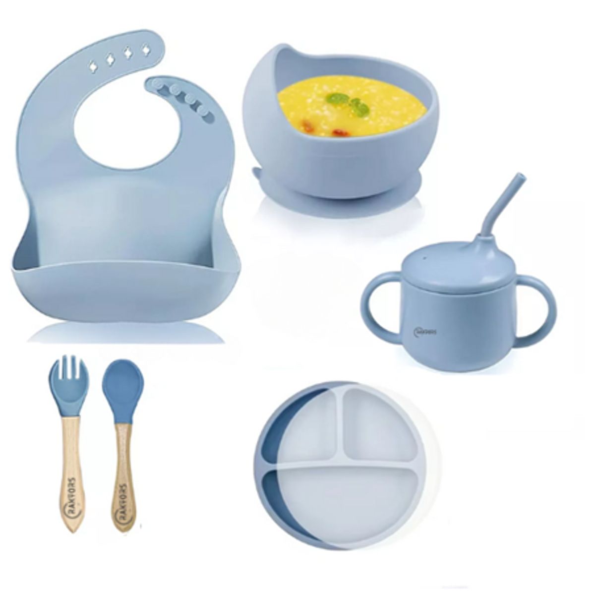 RAKTORS - Kit Alimentación Bebe Bambú Silicona platos a presion