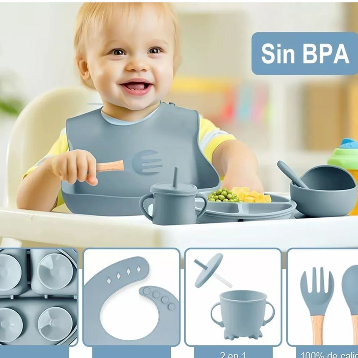 RAKTORS - Kit Alimentación Bebe Bambú Silicona platos a presion