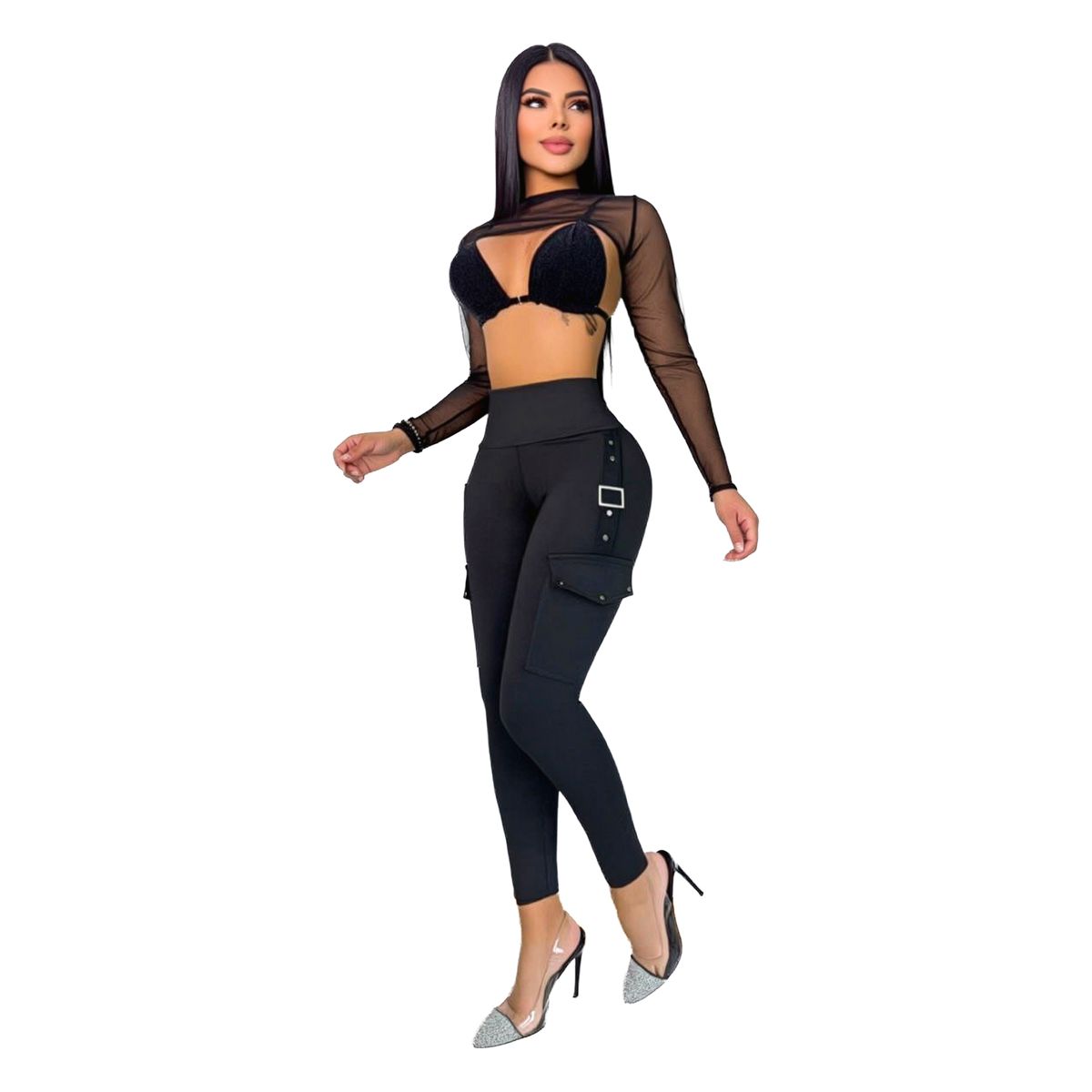 SYK - Leggins Pantalon Suplex Tiro Alto Tipo Cargo