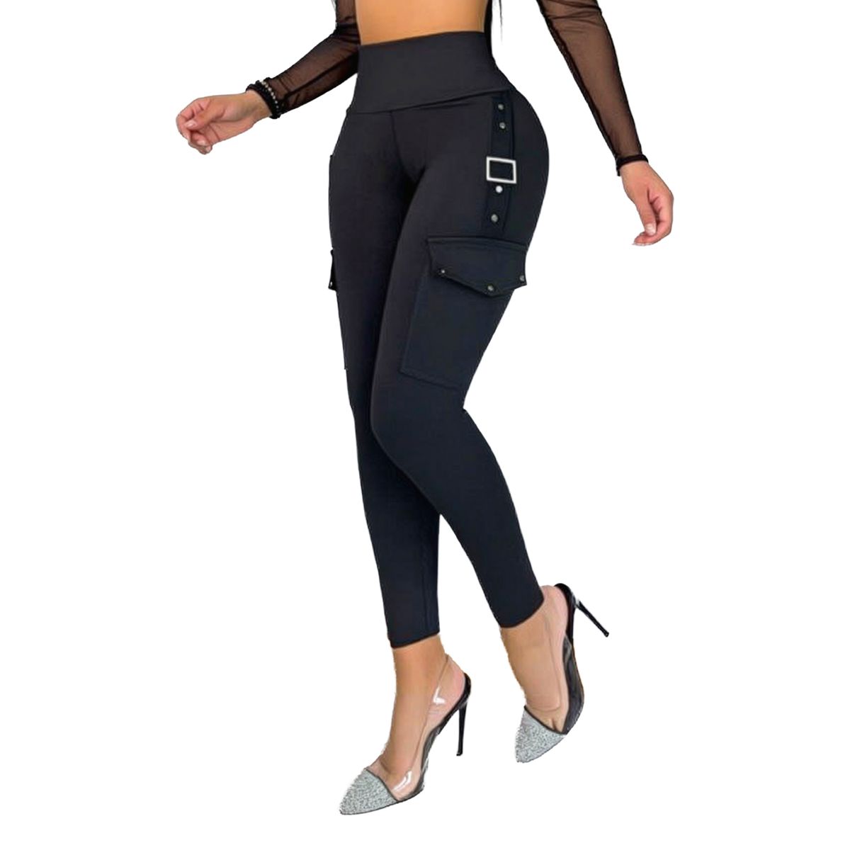 SYK - Leggins Pantalon Suplex Tiro Alto Tipo Cargo