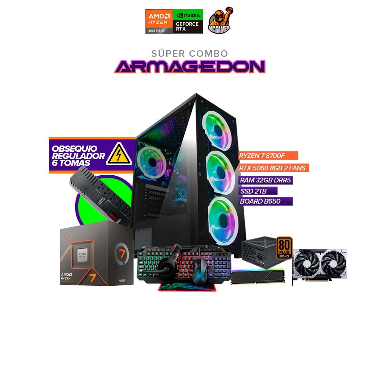 AMD - Torre Gamer Ryzen 7 8700F / RAM 32GB / SSD 2TB / Board B650 /  RTX 5060 8GB