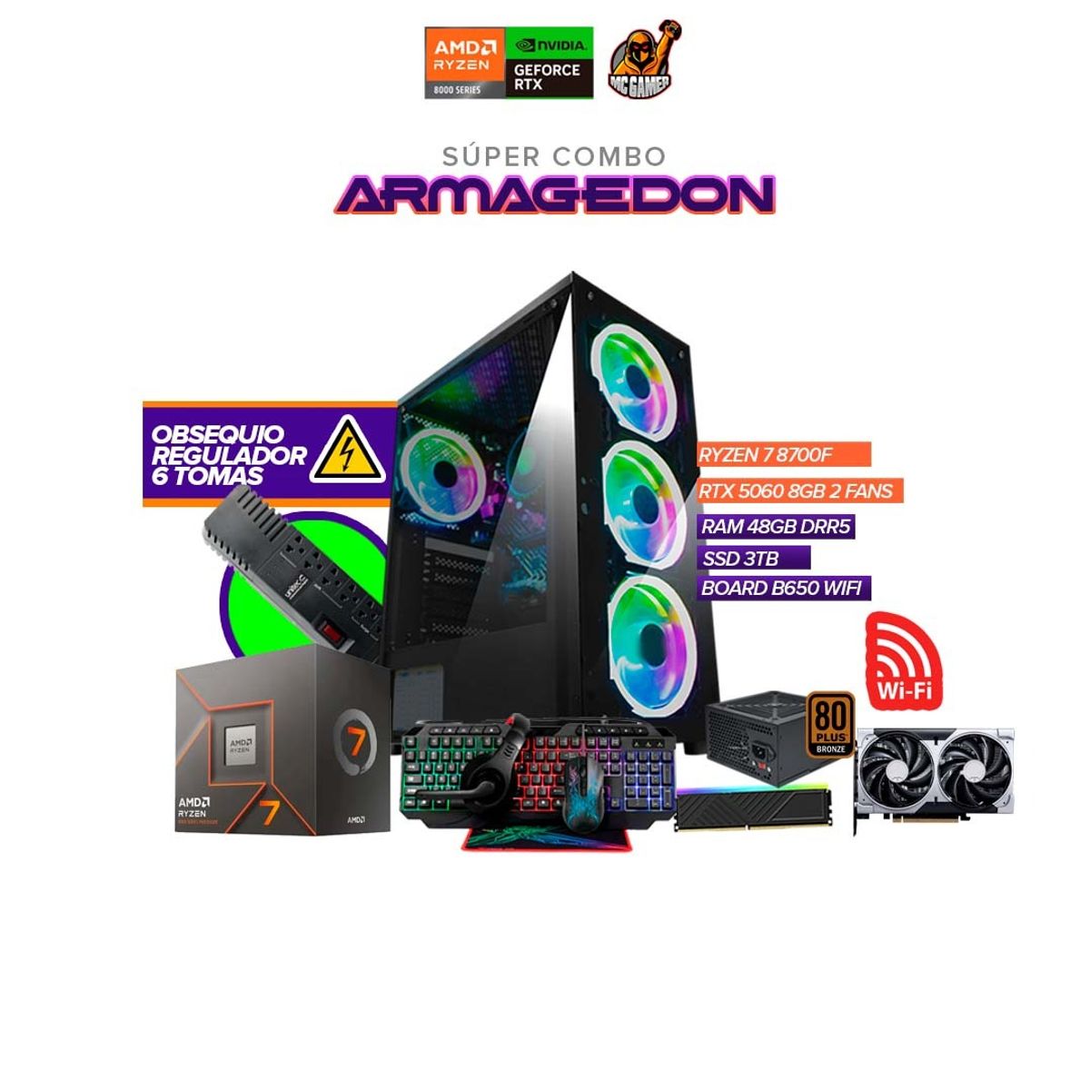 AMD - Torre Gamer Ryzen 7 8700F / RAM 48GB / SSD 3TB / Board B650 /  RTX 5060 8GB