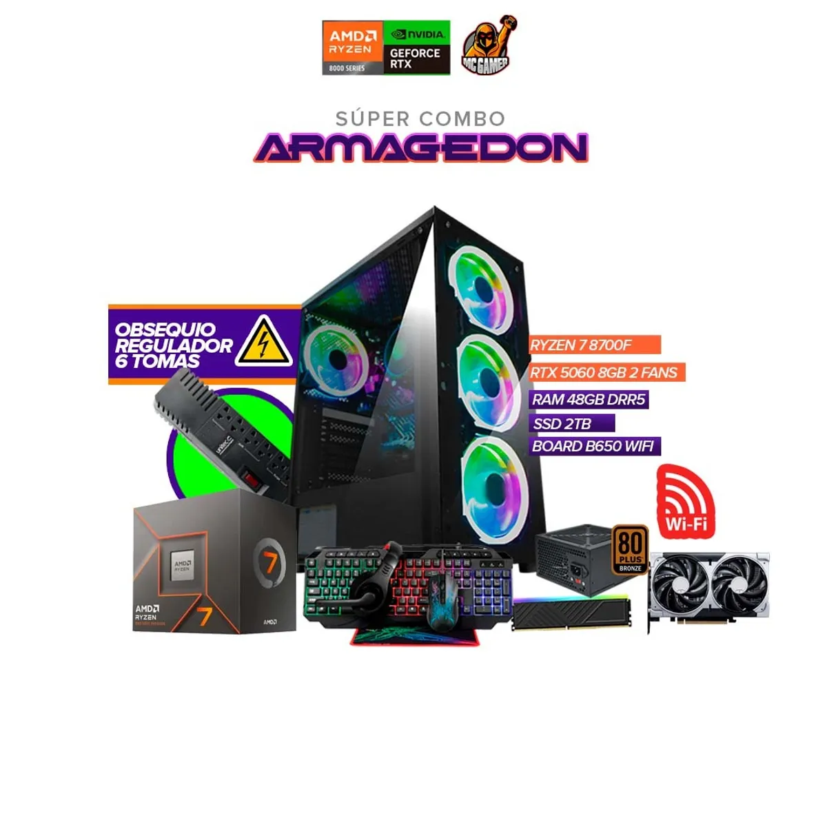 AMD - Torre Gamer Ryzen 7 8700F / RAM 48GB / SSD 2TB / Board B650 WIFI /  RTX 5060 8GB