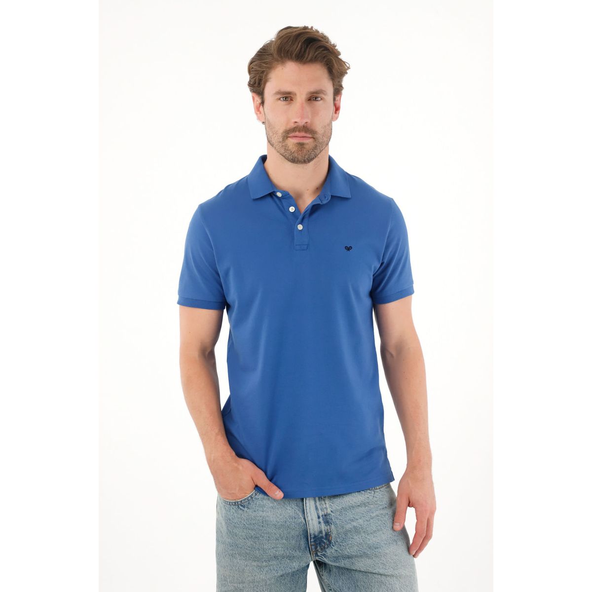 TENNIS - Polo en tela piqué licra azul para hombre