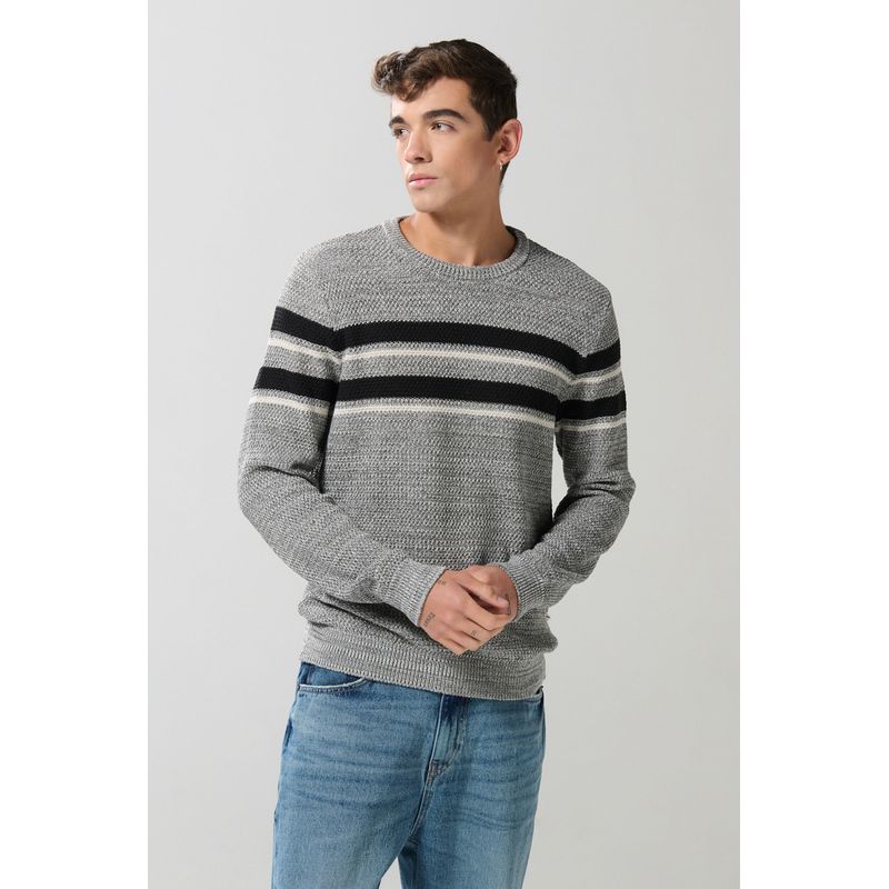 KOAJ - KOAJ Suéter tejido cuello redondo gris con rayas en contrast Hombre