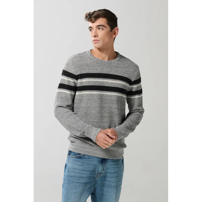 KOAJ - KOAJ Suéter tejido cuello redondo gris con rayas en contrast Hombre