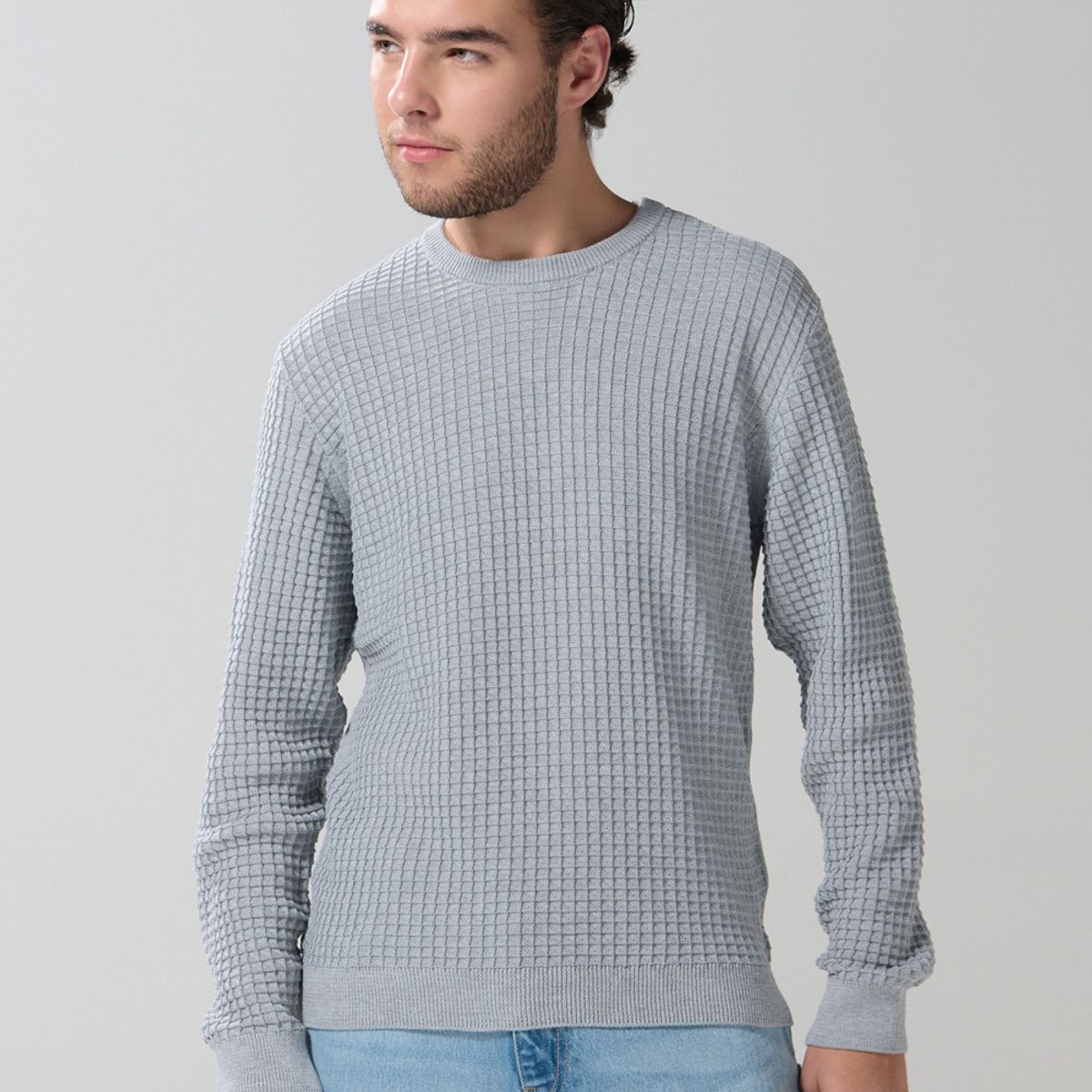 KOAJ - KOAJ Suéter cuello redondo unicolor con texturas de cuadros Hombre