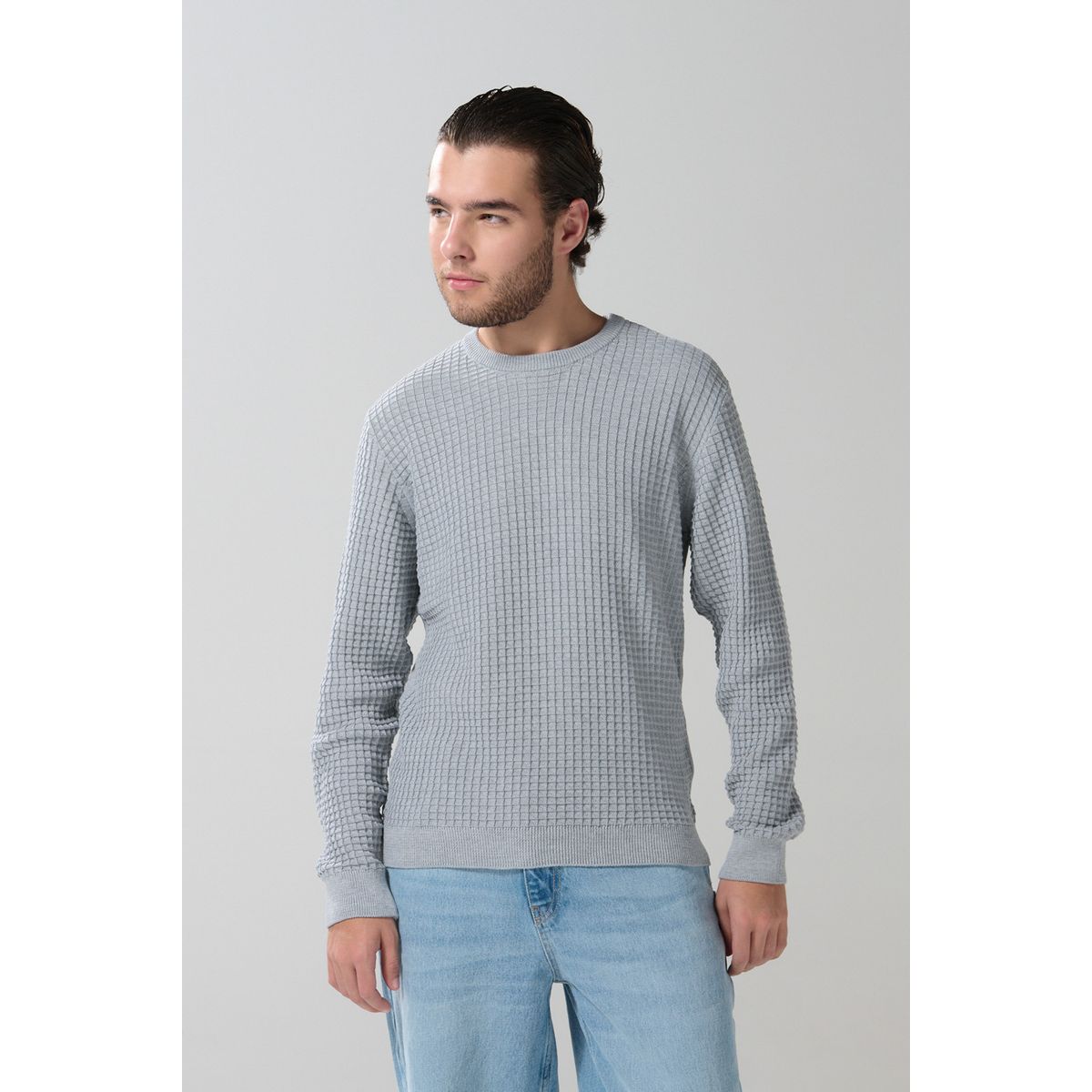 KOAJ - KOAJ Suéter cuello redondo unicolor con texturas de cuadros Hombre