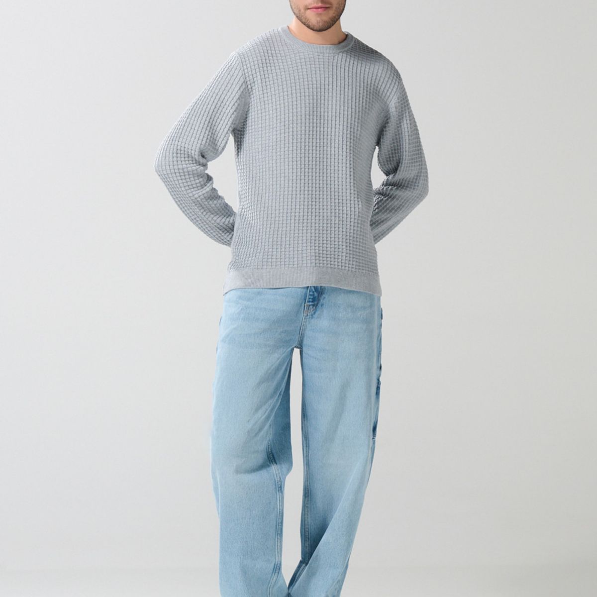 KOAJ - KOAJ Suéter cuello redondo unicolor con texturas de cuadros Hombre