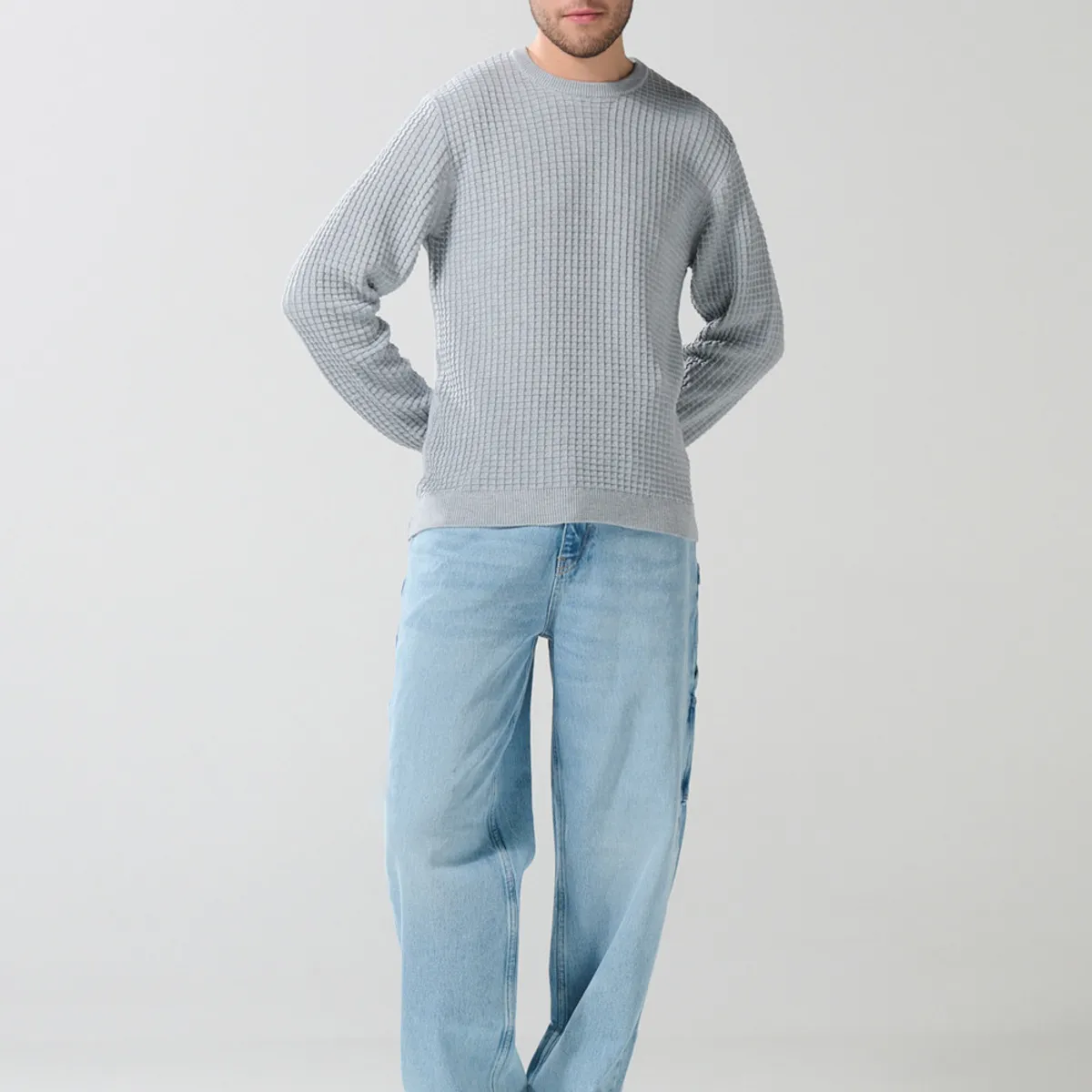 KOAJ - KOAJ Suéter cuello redondo unicolor con texturas de cuadros Hombre
