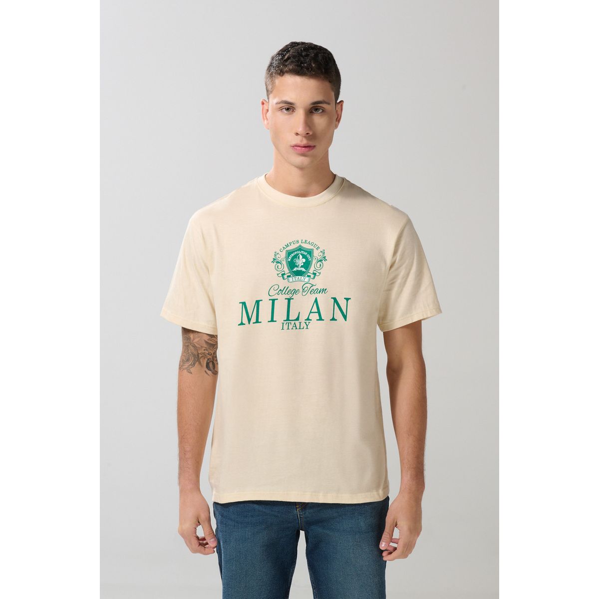 KOAJ - KOAJ Camiseta kaki con texto college en frente y manga corta Hombre