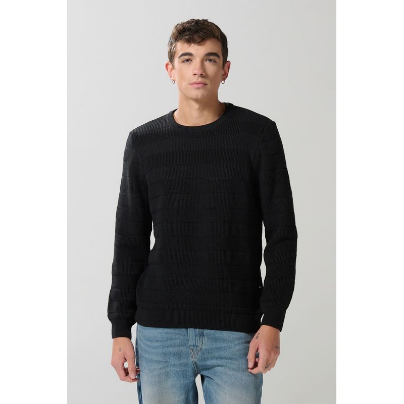 KOAJ - KOAJ Suéter cuello redondo tejido negro con canales en relie Hombre