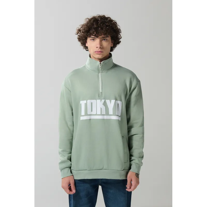 KOAJ - KOAJ Buzo verde claro cuello alto college con cremallera Hombre