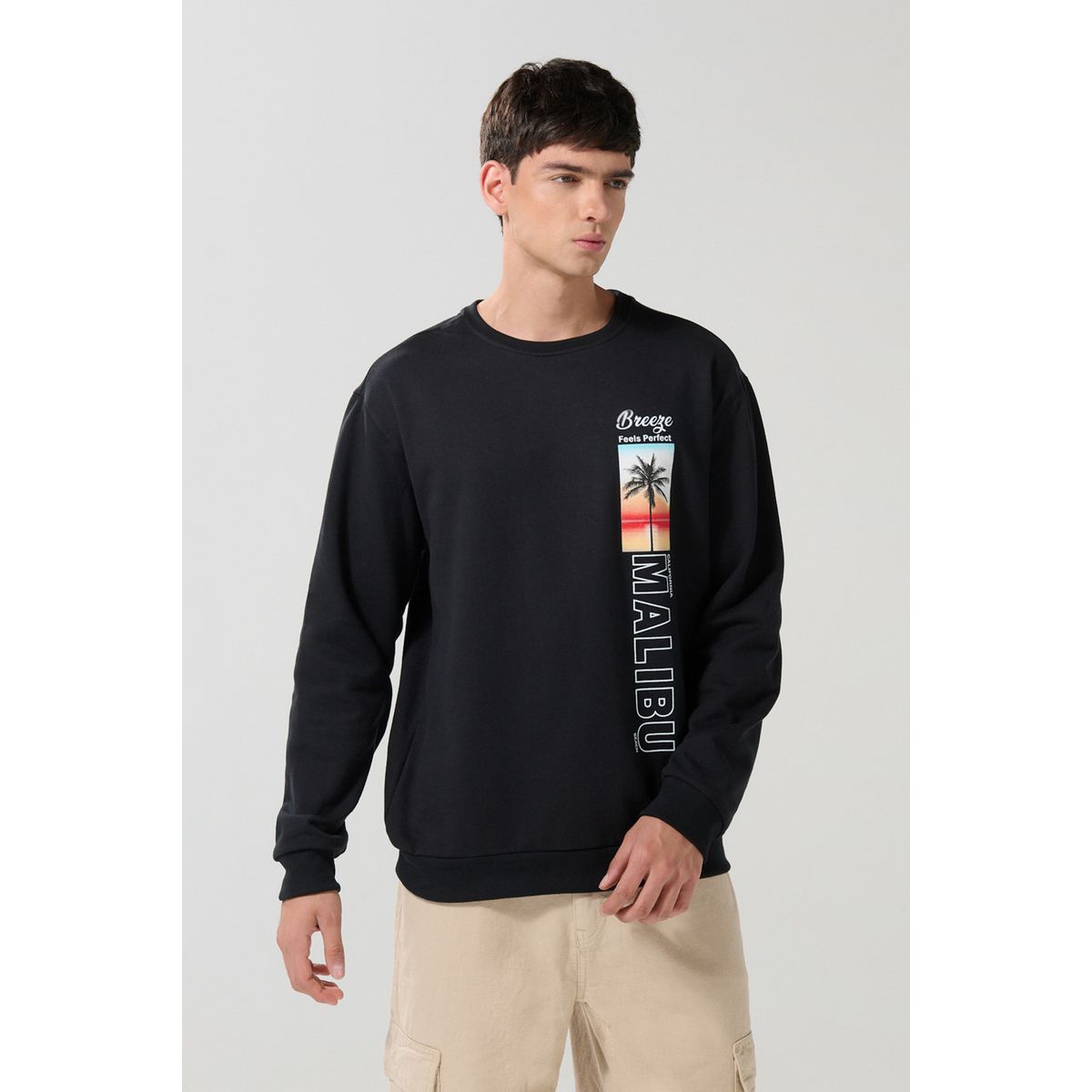 KOAJ - KOAJ Buzo negro cuello redondo con diseño de playa Hombre