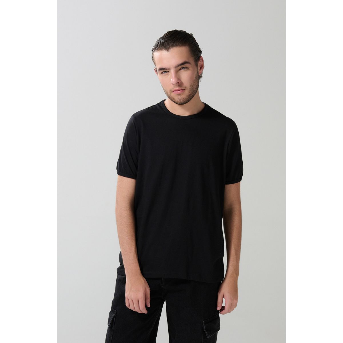 KOAJ - KOAJ Camiseta en algodón negra manga corta ajustada Hombre