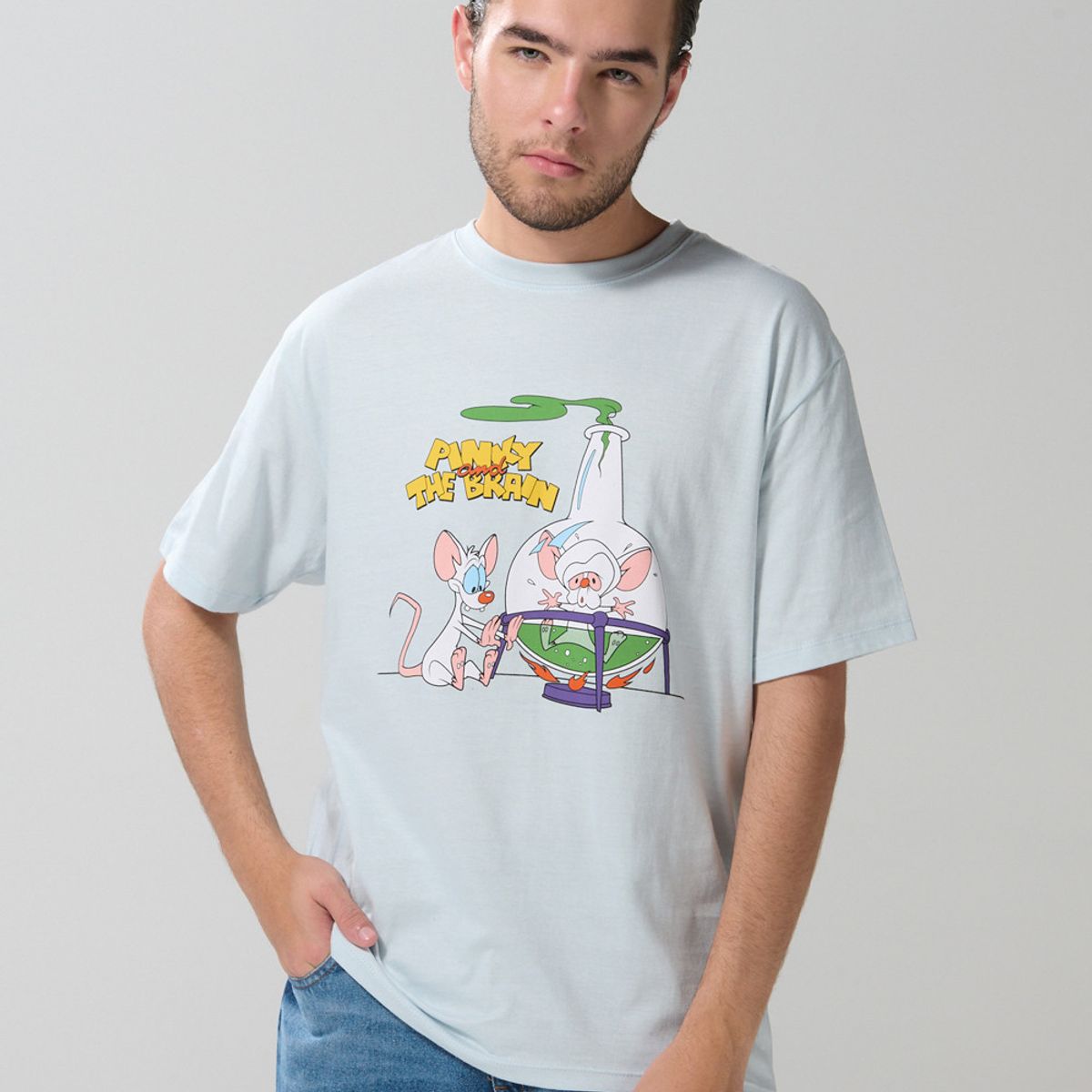 KOAJ - KOAJ Camiseta cuello redondo azul clara de Pinky y Cerebro Hombre