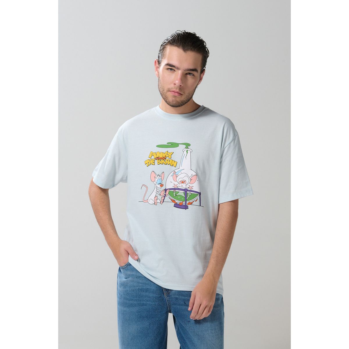 KOAJ - KOAJ Camiseta cuello redondo azul clara de Pinky y Cerebro Hombre