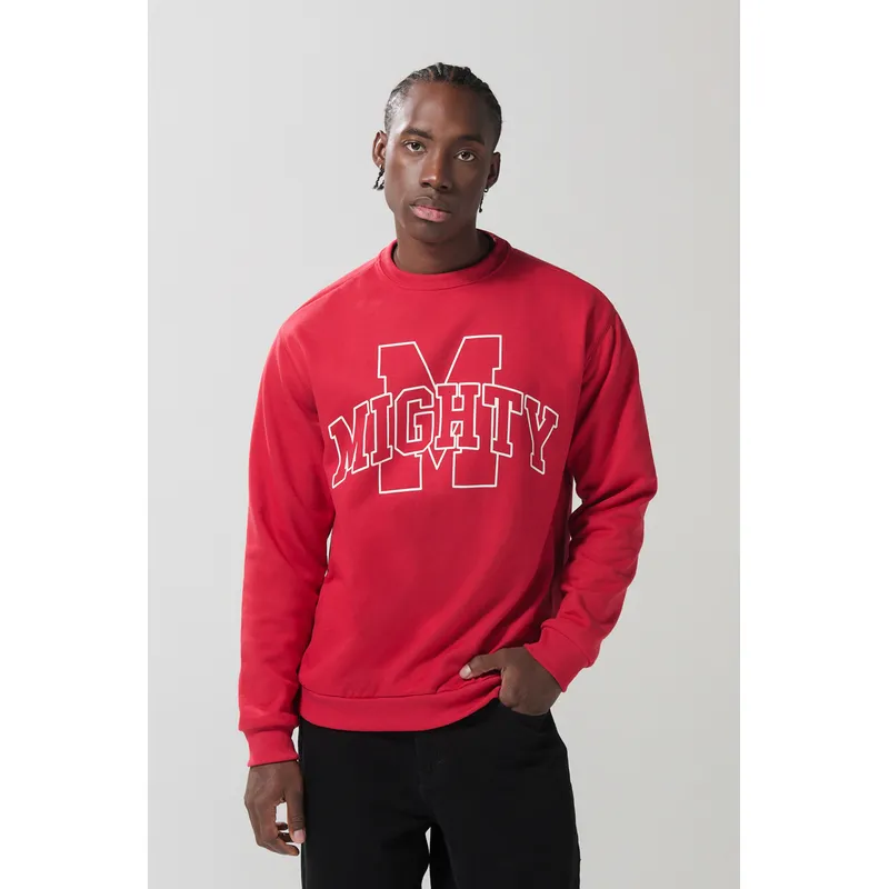 KOAJ - KOAJ Buzo rojo oscuro cuello redondo con estampado college Hombre