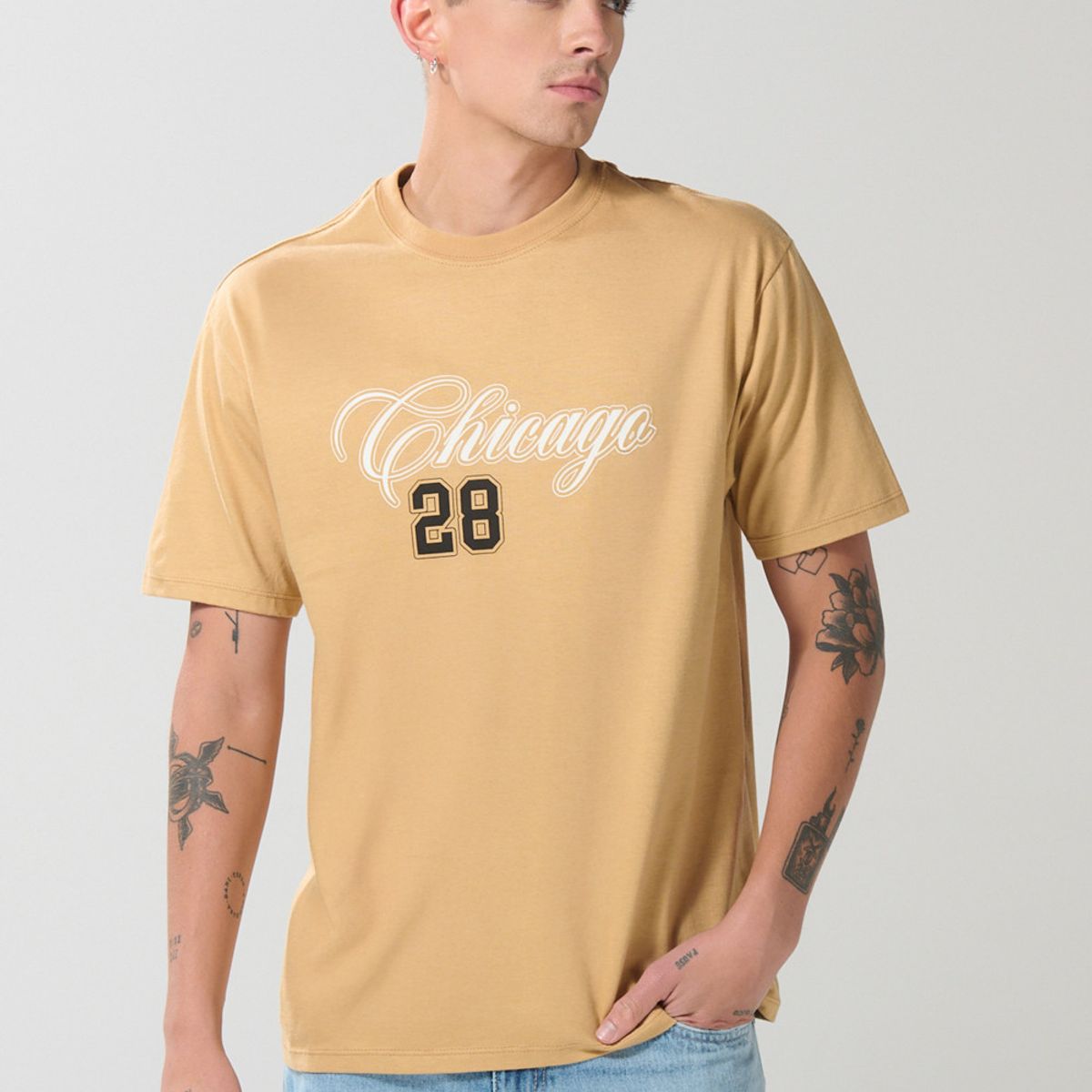 KOAJ - KOAJ Camiseta café clara en algodón college con manga corta Hombre