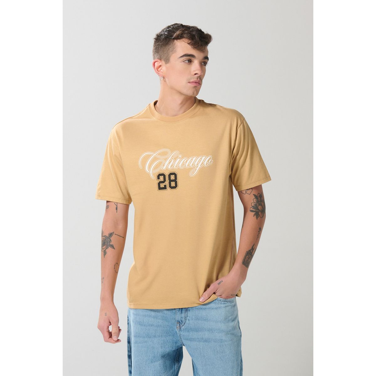 KOAJ - KOAJ Camiseta café clara en algodón college con manga corta Hombre