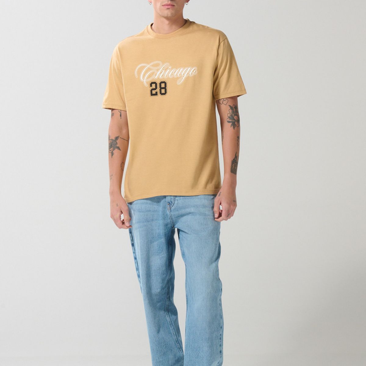 KOAJ - KOAJ Camiseta café clara en algodón college con manga corta Hombre