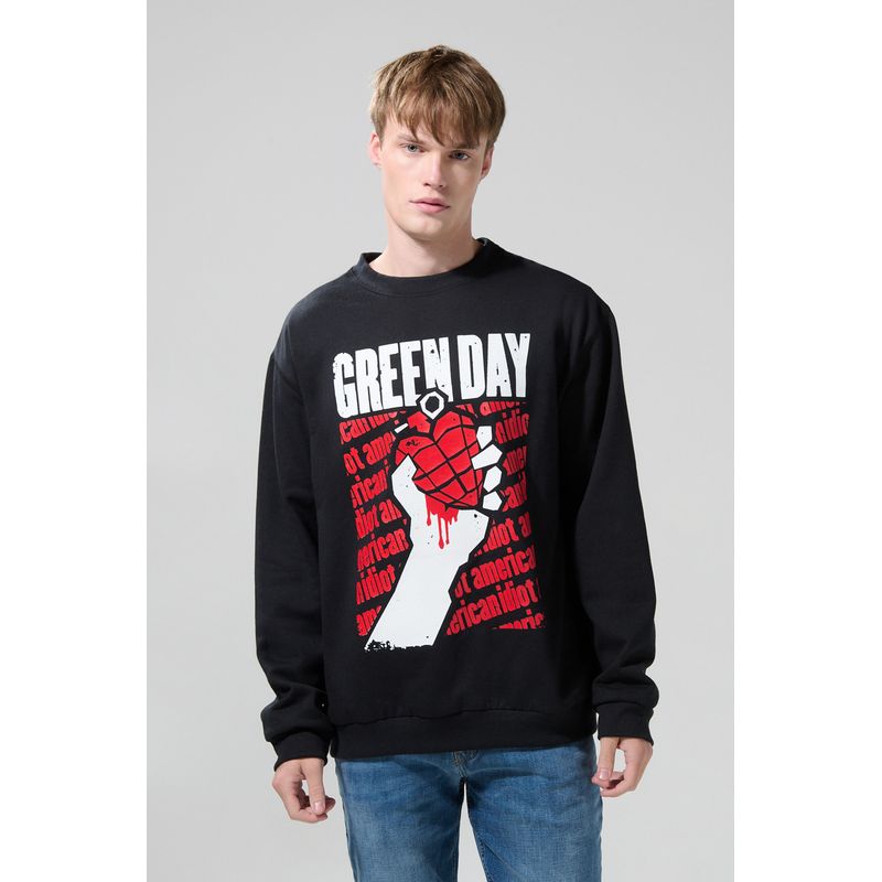 KOAJ - KOAJ Buzo cuello redondo negro con arte de Green Day Hombre