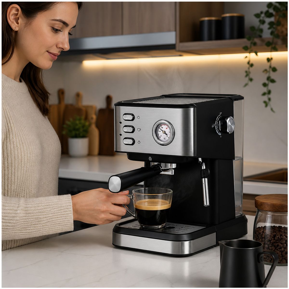 ONE PIXEL - Maquina Cafetera Expresso Eléctrica Con Espumador De Leche