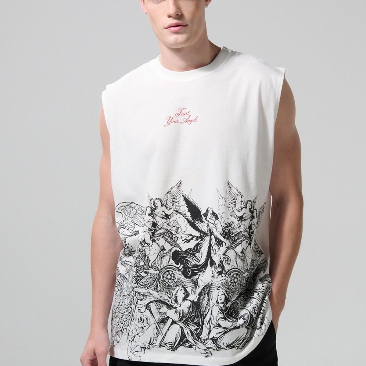 KOAJ - KOAJ Camiseta unicolor oversize estampada con manga sisa Hombre