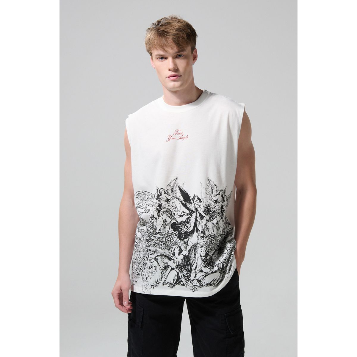KOAJ - KOAJ Camiseta unicolor oversize estampada con manga sisa Hombre